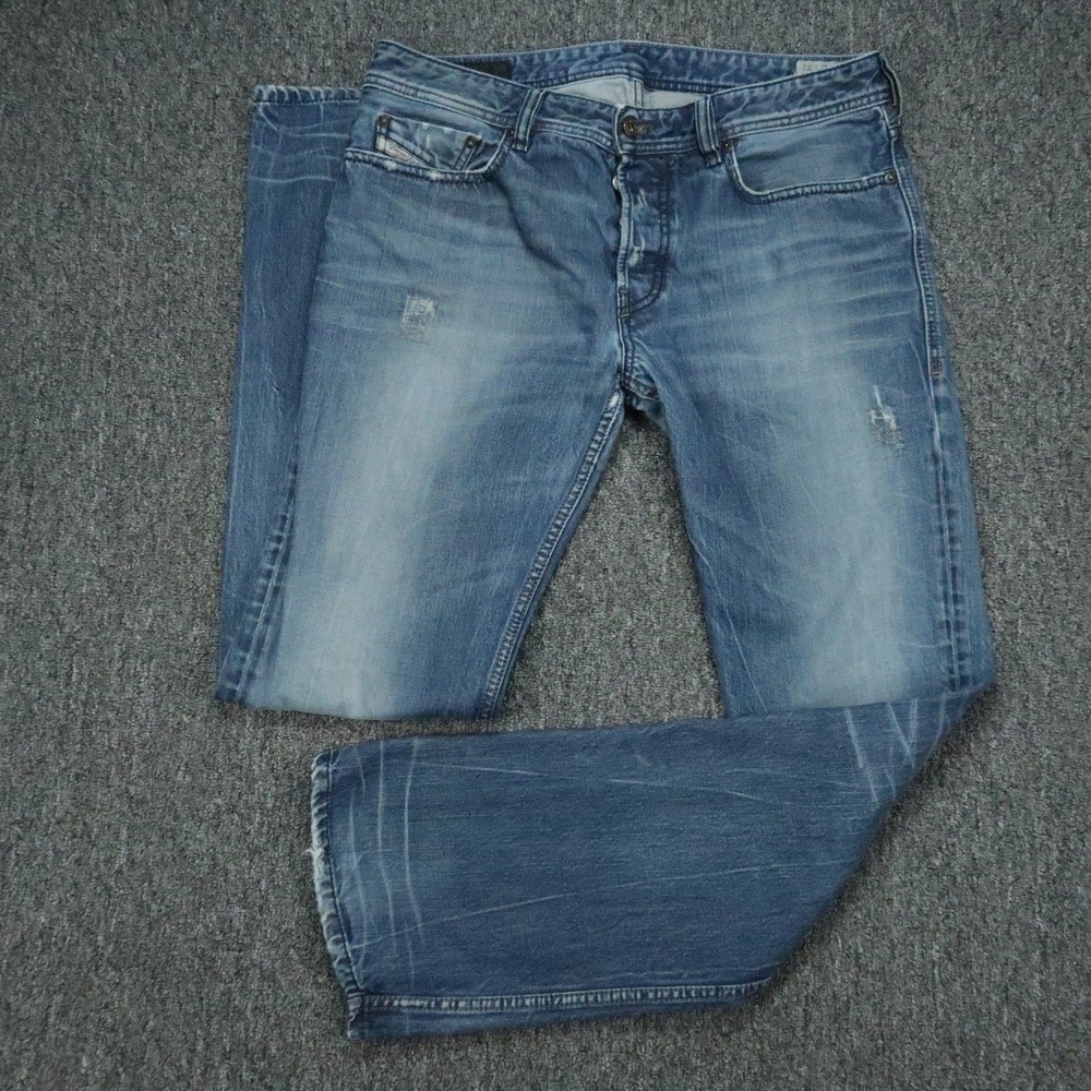 Diesel Jeans Mens 32x32 Blue New Fanker Slim Bootcut 5 Pocket Distressed *